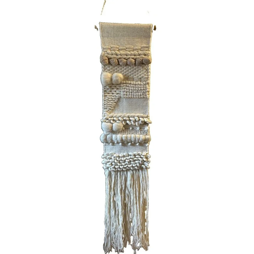 Surya Kamal Ivory Woven Wall Hanging Art Wool Blend 10” x 56” Wood Rod Boho